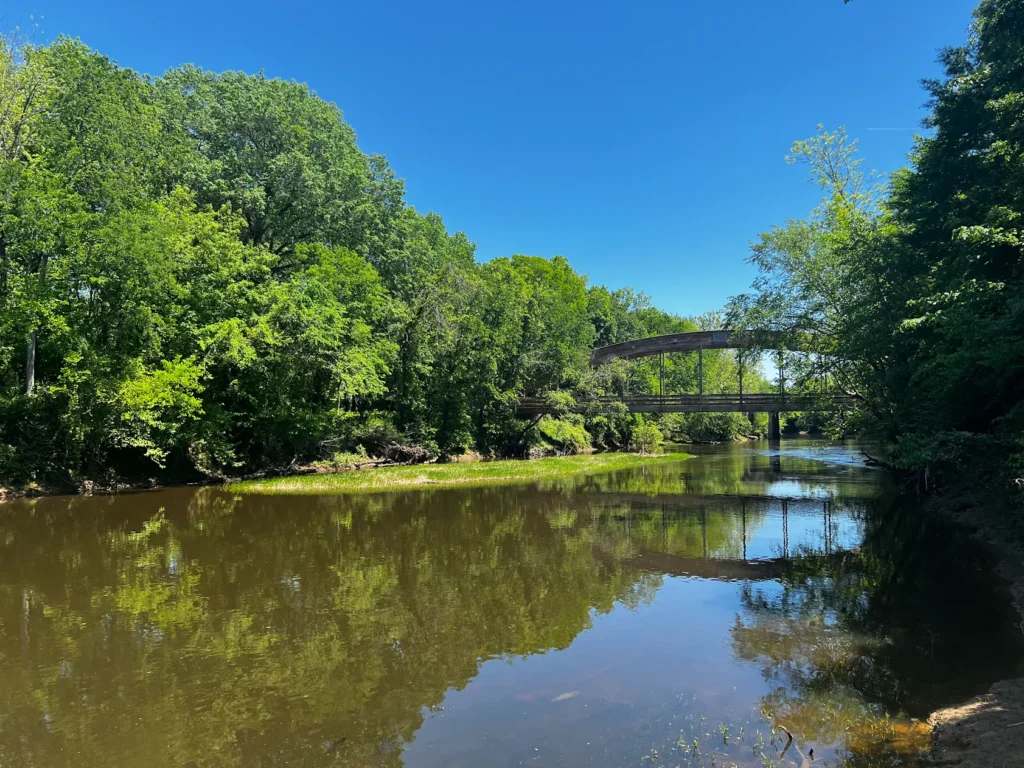 The Tar River lined with trees, a short walk from Riverside on Main