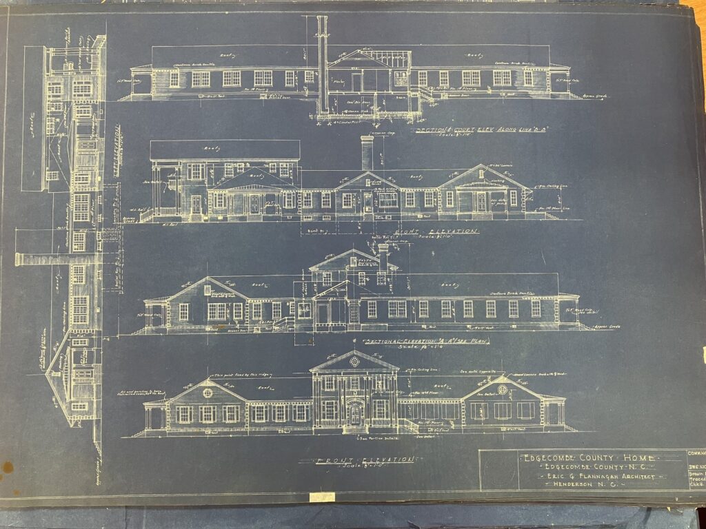 Original blueprint elevations of the Edgecombe County Home by architect Eric G. Flannagan