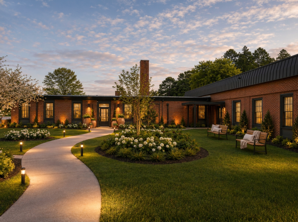 Artist's rendering of the landscaped courtyard behind the brick buildings at dusk