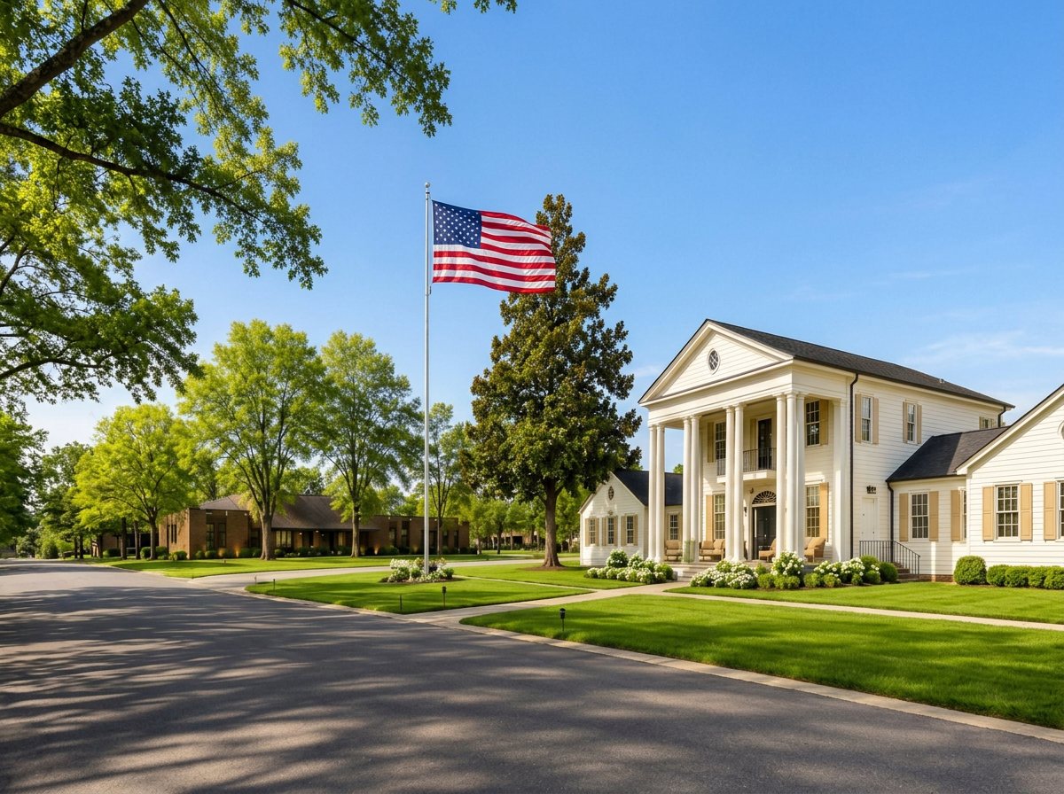 Riverside on Main: the restored Colonial Revival County Home with white columns and green lawns