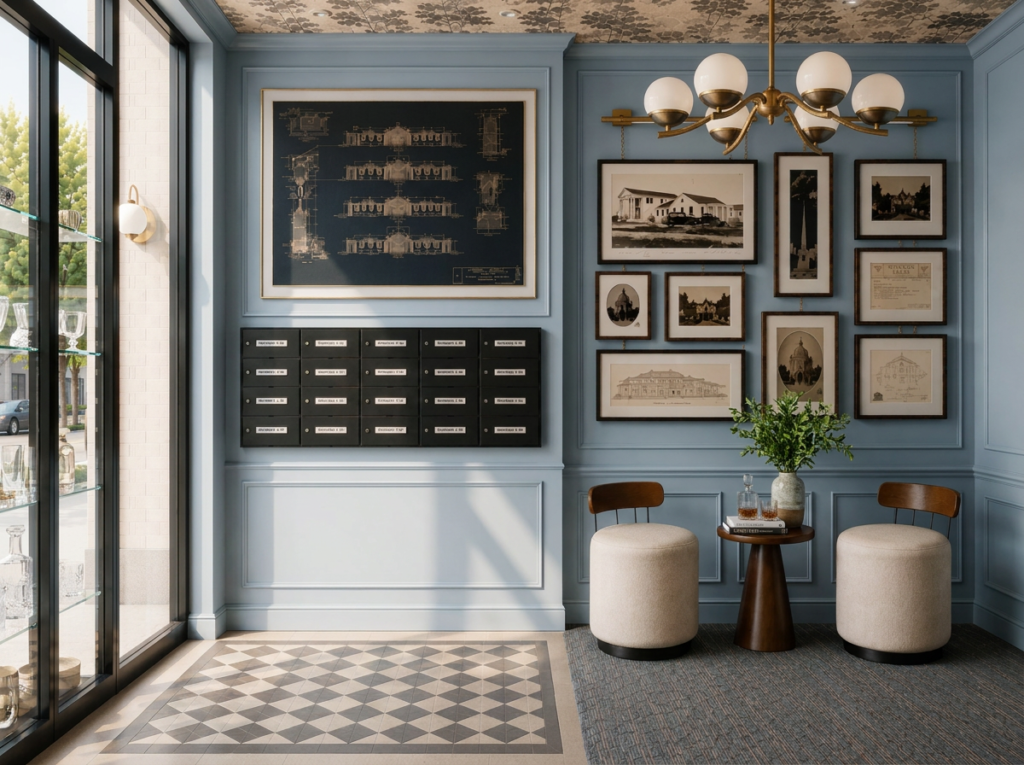 Artist's rendering of the lobby with mailboxes and framed historic photos